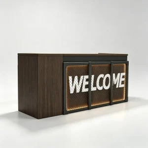 Industrial Style Wood and Metal Reception Counter with Custom Illuminated Logo Mesh Panel for Boutique and Cafe