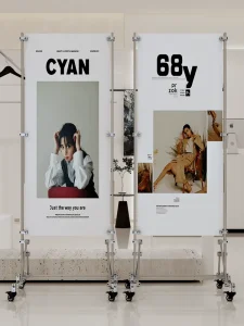 Industrial-style Scenic Poster Floor Stand Display Rack Metal Polished Surface for Cafes and Automobiles