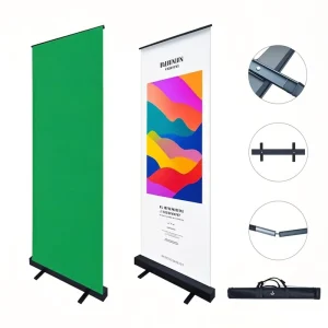 Iron Black Roll Up Banner Stand 85x200cm Wide Base Retractable Display