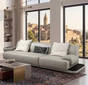 Italian Leather Modular Sofa with Solid Wood Storage Armrest