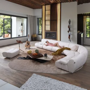 Italian Luxury Curved Linen Fabric Sectional Modular Leisure Sofa Set Convertible for Living Room or Villa Filled with Sponge