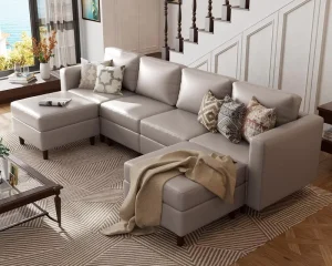 Italian Luxury Interior Furniture Whitesand Modern 6 Seater U Shaped with Footstool and Storage Seat Storage Space Module Sofa