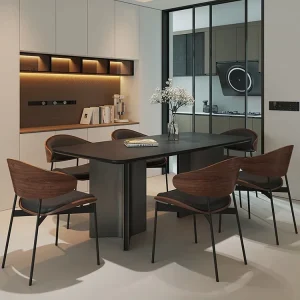 Italian Minimalist Modern Black Sintered Stone Dining Set 6 Chairs Rectangular Stainless Steel Table Wabi Sabi Style Assembled