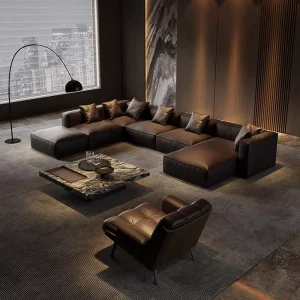 Italian Style Cowhide Comfortable Module Design Living Room Functional Sofa Foshan Factory