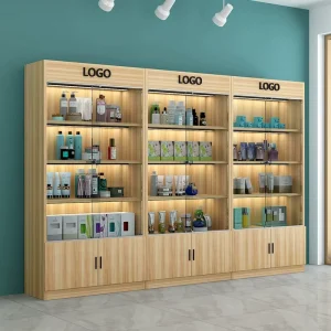 Kainice Cosmetic Display Shelving Makeup Storage Beauty Salon Nail Polish Rack Wooden Glass Display Cabinet Modern Showcase
