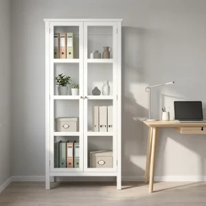 LED 4-Tier Glass and Wood Display Cabinet with Double Doors and Storage