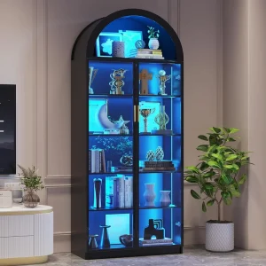 LED Arch Wooden Display Cabinet Glass Doors 76″ Tall 4 Shelves 3 Colors LED Lights Panel Design Modern Multi purpose Living Room