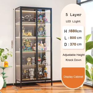 LED Light Metal Transparent Glass Corner Showcase Model Toy Display Cabinet for Home Living Room Floor