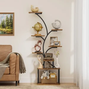 LED Light Tree Shaped Plant Stand 6 Tier Industrial Wood & Metal Display Shelf for Bedroom Living Room