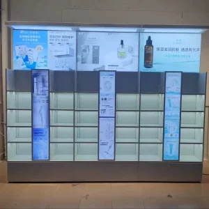 LED-Lit Movable Shelf Metal Lacquered Display Cabinet for Pharmaceutical Stores