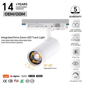 LED Track Light Zoomable Spotlight 15W-45W Adjustable Beam 10-55° CRI>90 for Art Galleries and Museums SAA