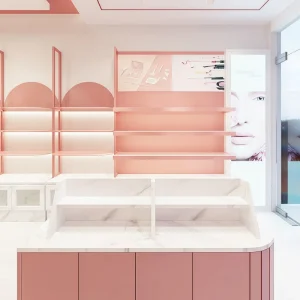LED Wood Storage Perfume Cabinet Metal Display Stand Shelves Jewelry Showroom Mall Store Interior Layout Design