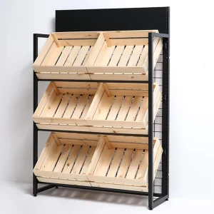 Large Capacity Detachable Wood Vegetable and Fruit Display Stand with Storage Basket Rack for Kitchen