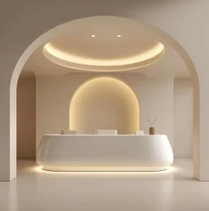 Large Curved Fiberglass Painted Reception Desk for Company Lobby, Office, or Service Bar