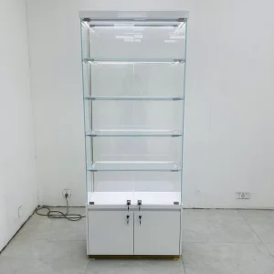 Lighted Glass Display Cabinet with Stainless Steel Titanium-Plated Frame, 4-Tier Shelves, and LED Lighting