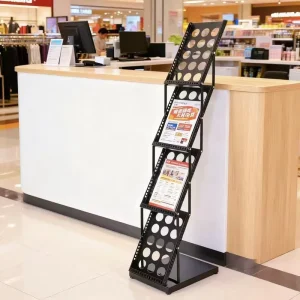 Literature Rack Space Saving Brochure Holder Black Iron Construction Multi Tier Display Rack 135cm Tall for Retail Shop Exhibition