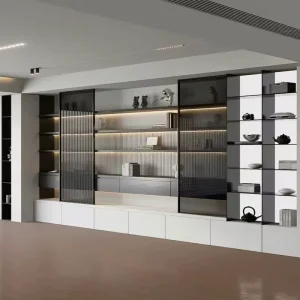 Living Room Display Cabinet with Built-In Light Strip and Storage