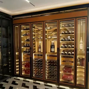Living Room Glass Wine Cabinet with Insulated Wine Cooler, Bronze Finish, and Built-in Refrigerator for Red Wine
