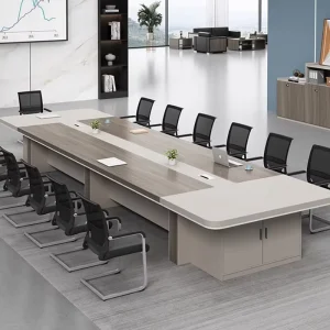 Long Office Conference Table and Chair Set with Cabinet