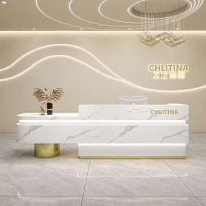 Luxury L Shape White Reception Desk With LED Light Gold Trim Custom Logo Salon Spa Front Counter Modern Commercial Reception