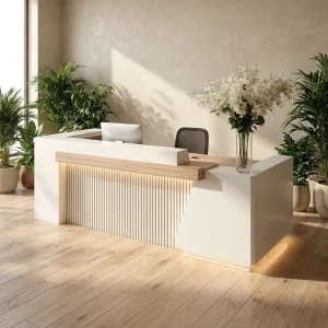Luxury Minimalist Wood Stainless Steel Reception Desk for Beauty Salon Clothing Store Spa Clinic Gym Hotel Bar Custom Logo