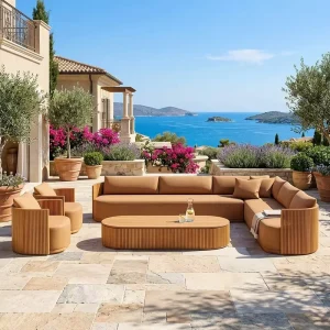 Luxury Vertical Slatted Teak Wood Outdoor Sectional Sofa Hotel Resort Poolside Patio Leisure Furniture Modular Teak Sofa Set