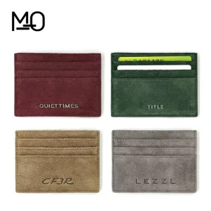 MO Custom Metal logo Minimalist PU Leather Suede Slim RFID Credit Card Holder and Wallet Unique Daily Use Gift Ideas