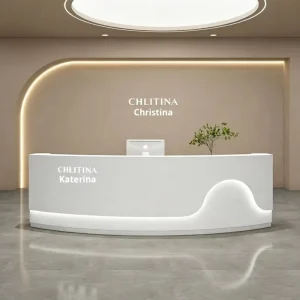 Matte White Half-Round Curved Reception Desk with Recessed LED Light for Beauty Salon