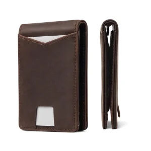 Men’s Vintage Crazy Horse Leather Bifold Wallet with Metal Money Clip