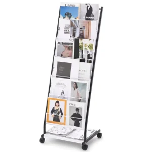 Metal Brochure Display Rack for Documents and Books 6 Pockets Movable with 4 Wheels (2 Lockable) 6 Tier