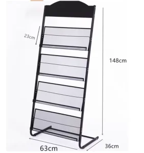 Metal Floor Magazine Brochure and Greeting Card Display Stand with Storage Shelf
