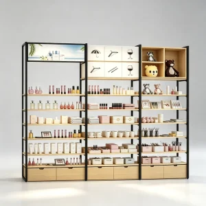 Metal Frame Display Stand with Wood Grain Shelf and Drawers for Decor, Gifts, Groceries, Boutiques, and Showrooms
