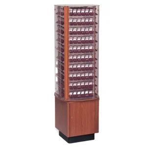 Metal Wooden Base Rotating 3 Sided Display Stand with Multi Tier Design for Transparent Retail Merchandise for