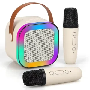 Mini Portable Karaoke BT Speaker with HD Sound, Radio, DC Charger, Dual Microphones and Light