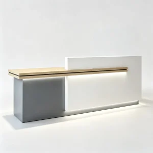 Minimalist Grey and White Reception Counter with Floating Wood Top and Glowing Panel Base for Luxury Design Studio