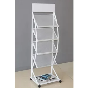 Mobile A4 Acrylic Magazine Display Stand with Casters, Folding Catalog and Brochure Holder, Silver