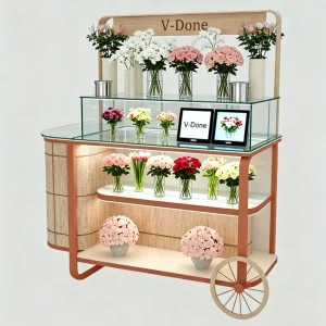 Mobile Flower Cart Display Stand with Glass Shelves and LED Light