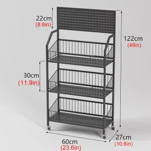 Mobile Metal Display Rack, 3 Shelves, Guardrails, Perforated Back, for Retail Stores