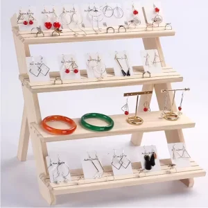 Modern 4 Step Wood Craft Display Stand Polished Pine and Painted Paulownia for Earring Display Stands Features Painted Pattern