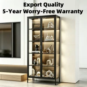Modern Black Steel and Glass Display Cabinet with LED Light, Tall Storage Shelf, and Glass Door