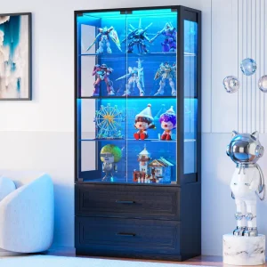 Modern Black Wood Glass Display Cabinet with LED Lights Hotel & Living Room Furniture Eco Friendly 2 Drawers DR525