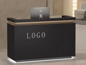 Modern Black and White Glossy Wood Reception Counter for Hotels, Salons, Hospitals, Supermarkets, and Gyms