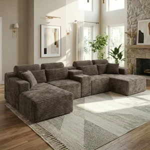 Modern Brown Corduroy U Shaped Sectional Sofa Set with Cup Holders Modular Cloud Sofa for Villa Large Living Room