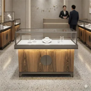 Modern Brown Stainless Steel Glass Jewelry Showcase Wooden Storage Base LED Lighting Waterproof Heavy Duty Display Cabinet for