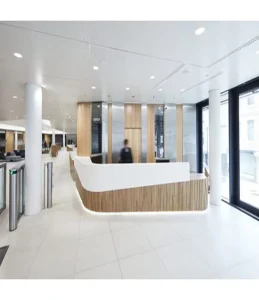 Modern Commercial Artificial Stone and Wood Reception Desk for Hotels, Schools, or Supermarkets