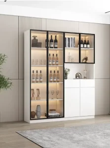 Modern Concise Design Living Room Divider Cabinet Showcase Glass Doors Adjustable Height 2 Drawers Stainless Steel Wood Panel