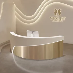 Modern Curved Reception Desk with Backlit Logo Wall Luxury Front Desk for Beauty Salon Spa Hotel Lobby or Office