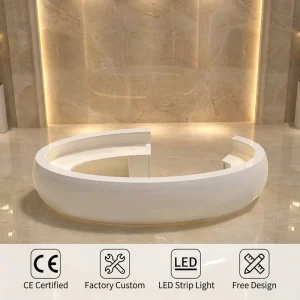 Modern Curved White MDF Reception Desk C Shape Durable Eco Friendly Commercial Furniture for Gym Hotel Office