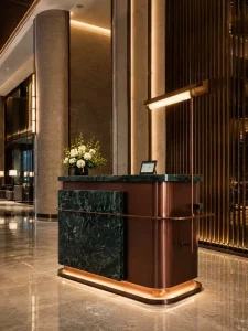 Modern Custom Metal Reception Counter for Hotels Bars Spas Beauty Salons Eco Friendly Durable Heavy Duty Customizable Varnished