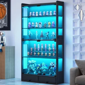 Modern Figure Display Cabinet with LED Lighting, Tempered Glass Shelves, and 2 Drawers